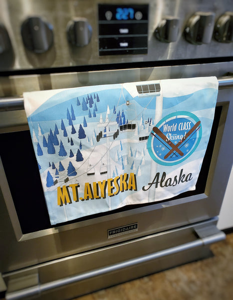 Retro Style Ski Mt. Alyeska Tea Towel