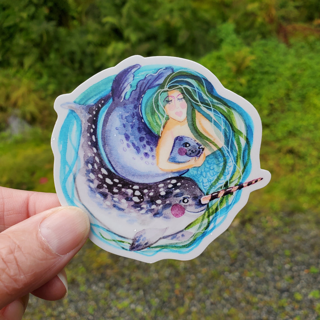 Mergirl With Seal and Narwhal Friends Sticker